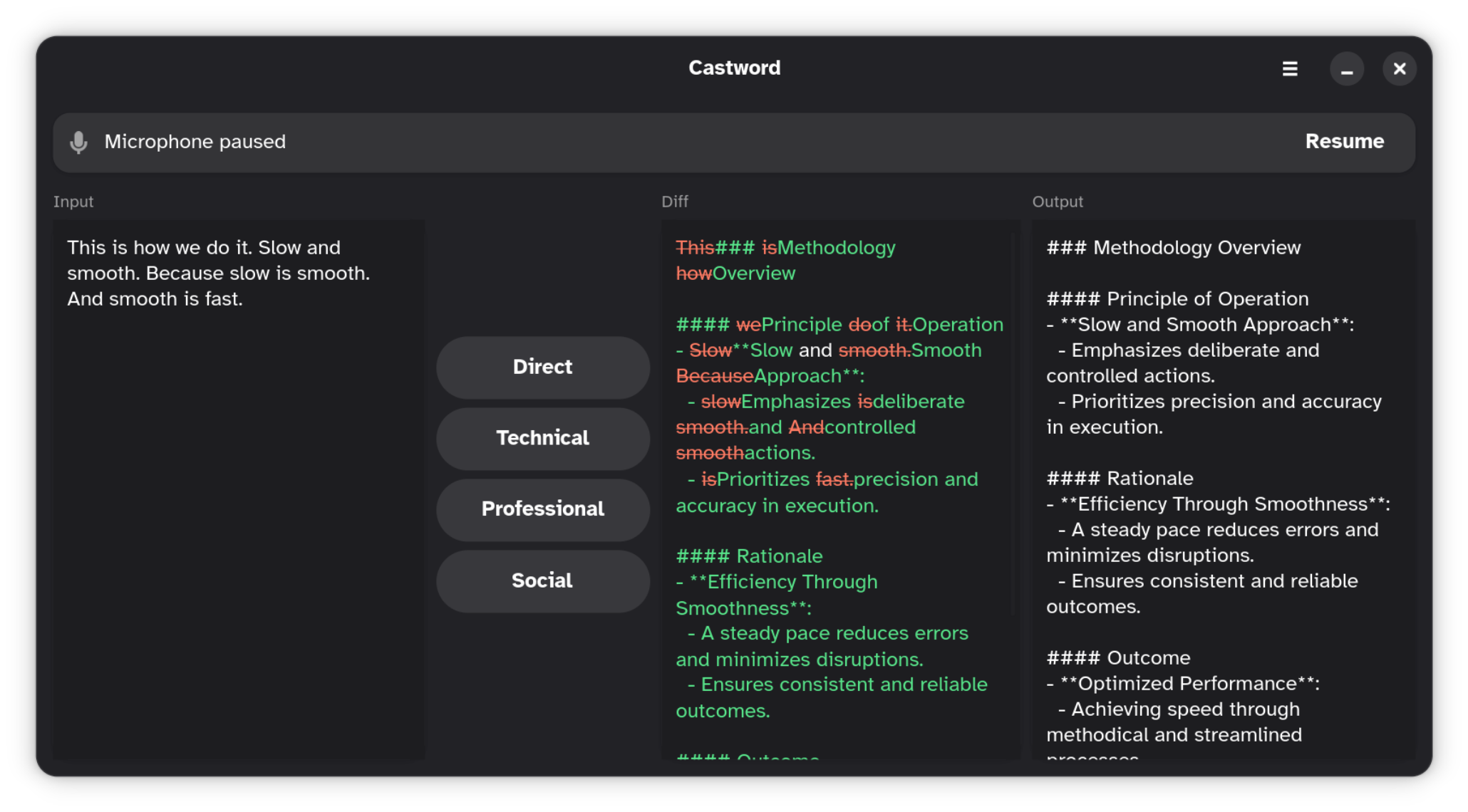 Castword — three-column diff view