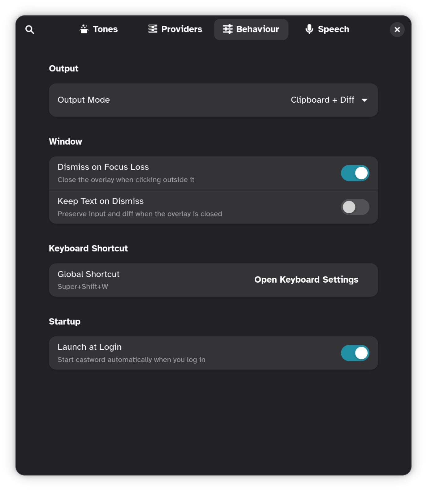 Castword — behaviour preferences