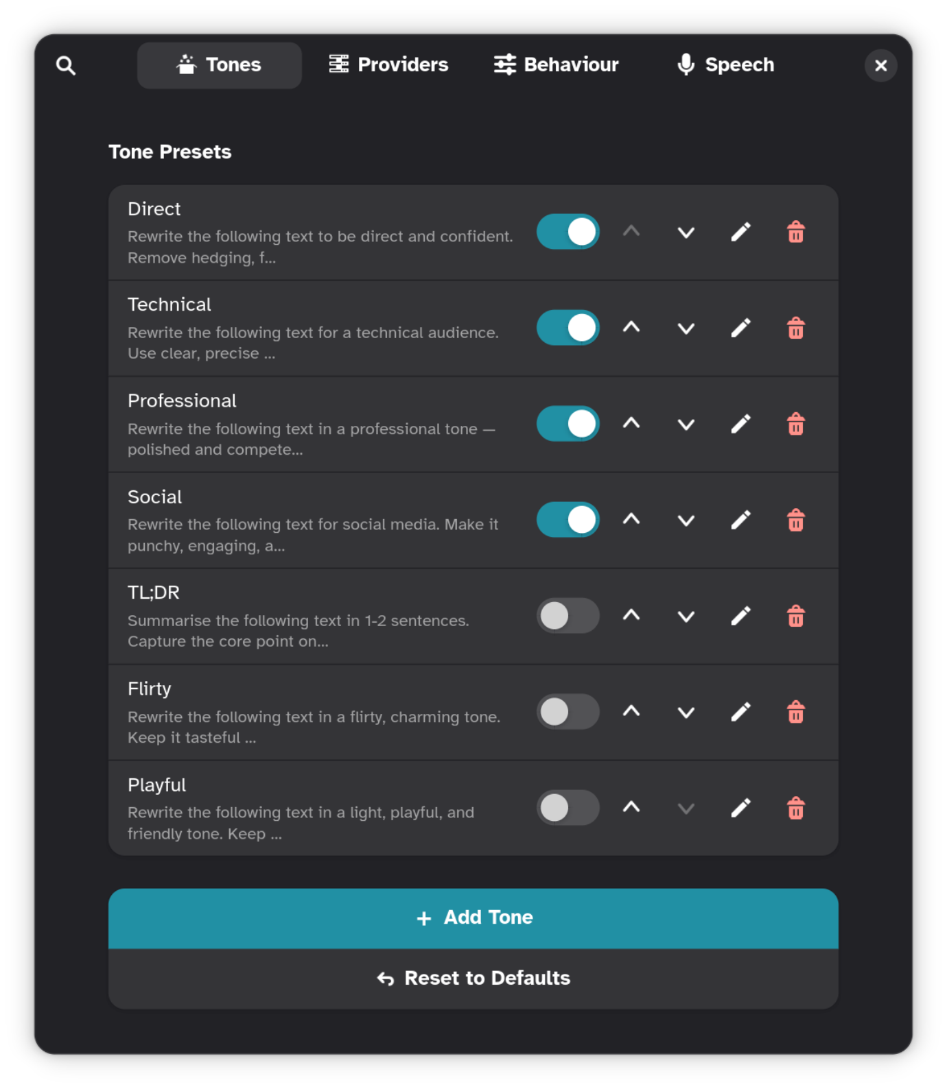 Castword — tones preferences