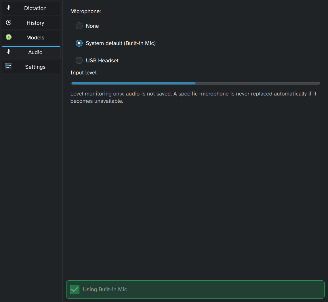 Kastword — audio input selection